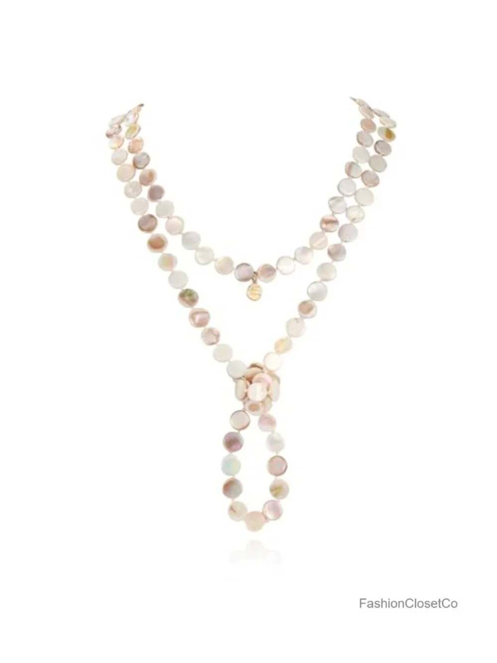 Flat Round Mother of Pearl Coin Shell Bead Long Necklace Handcrafted Strand